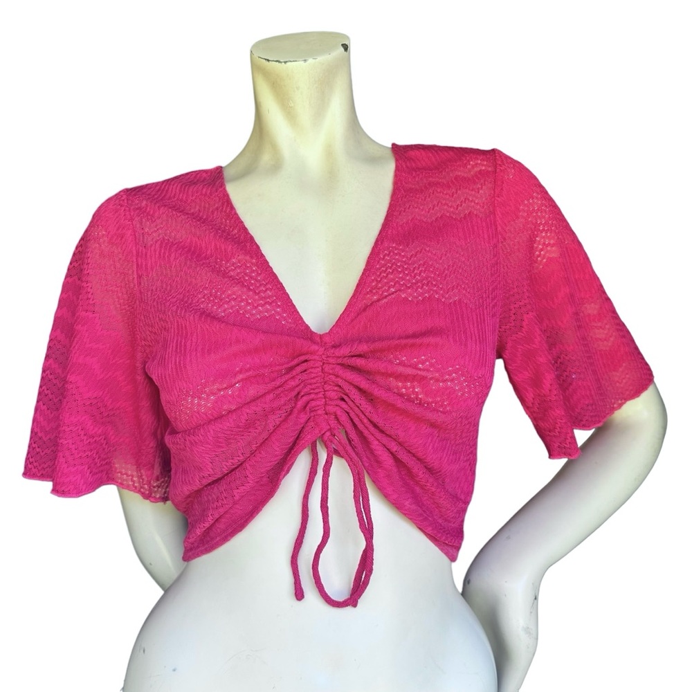 Lovers and Friends Magenta Pink Chevron Knit Ruched Short Sleeve Crop Top Small